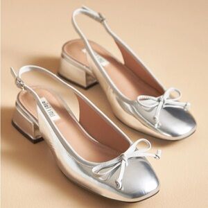NWT Anthropologie Silver Metallic Bibi Lou BALLET BLOCK HEEL SLINGBACK Shoes